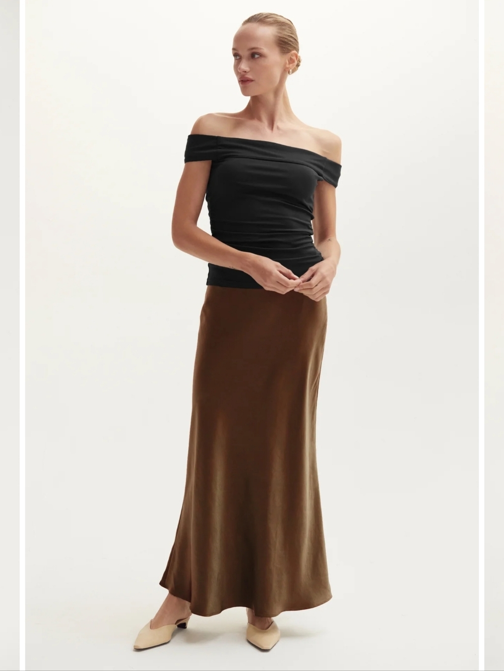 Crescent Gabrielle Crushed Satin Bias Cut Maxi Skirt Espresso Brown M - Picture 2 of 14